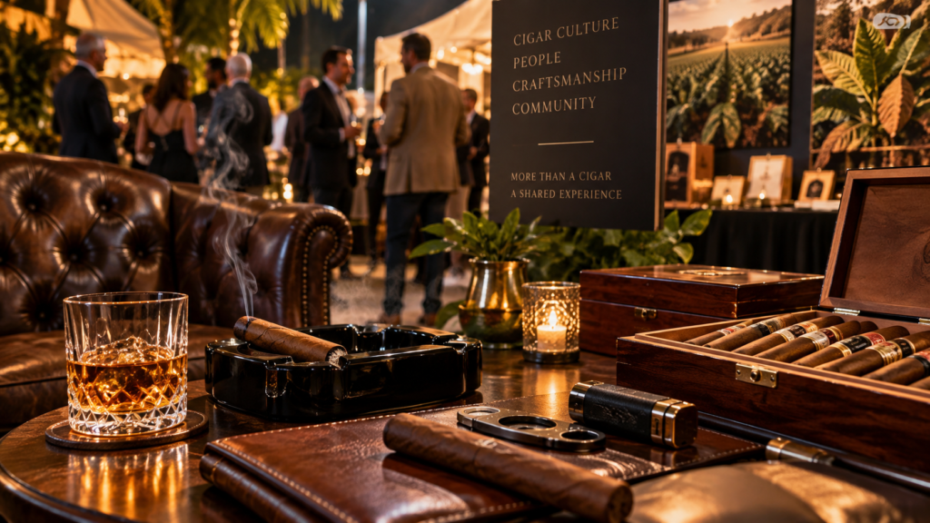 Premium cigar festival setting with warm lighting and an elegant event atmosphere